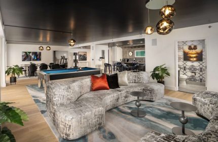 Virgin Hotels Las Vegas, Curio Collection by Hilton: Gay-friendly hotel lounge with a pool table, bar, and stylish seating area.