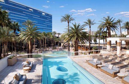 Virgin Hotels Las Vegas, Curio Collection by Hilton pool area. Gay-friendly hotel with palm trees and blue sky. Las Vegas travel.