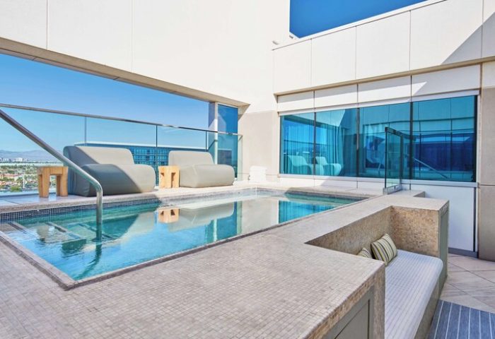 Rooftop pool at Virgin Hotels Las Vegas, Curio Collection by Hilton. A gay-friendly hotel with modern design and city views. Perfect for gay travel.