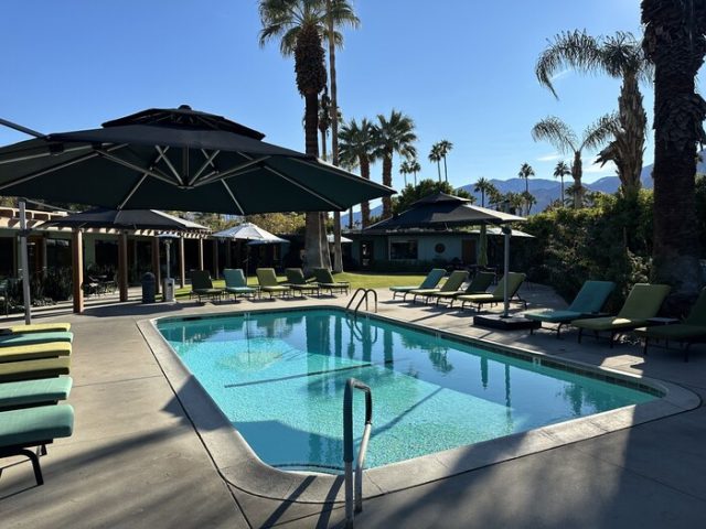 Vista Grande Resort pool. Gay-friendly hotel with lounge chairs, umbrellas, and palm trees. A gay men's resort for relaxation and vacation.