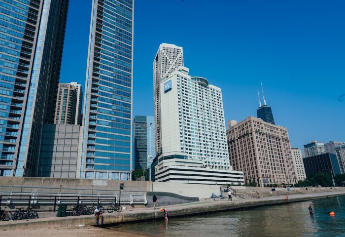 W Chicago Lakeshore, a gay-friendly hotel. Chicago skyline view from the lakefront, showing high-rise buildings on a clear day.