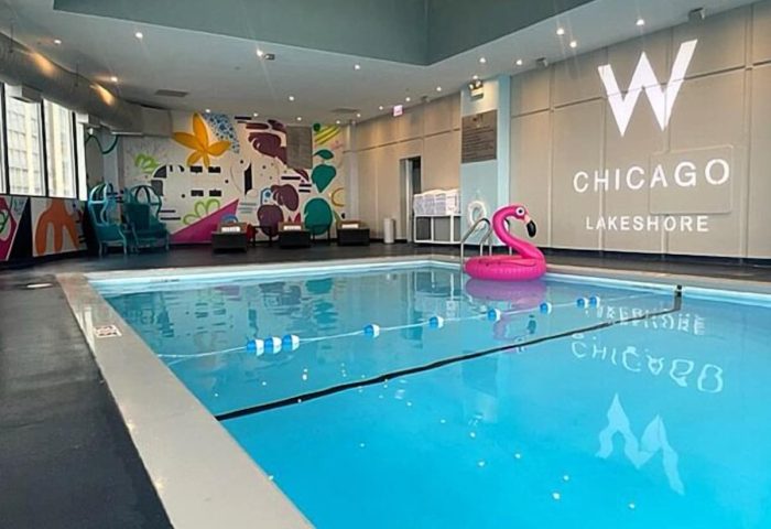 Indoor pool at the gay-friendly W Chicago - Lakeshore hotel with a pink flamingo float. Colorful mural and lounge chairs visible.