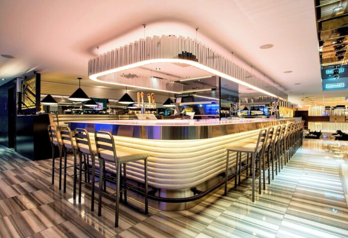 W Chicago Lakeshore's stylish bar area. This gay-friendly hotel offers a modern space for relaxation and socializing. Chic design, great drinks.