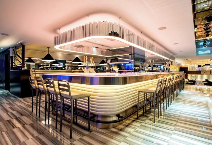 W Chicago Lakeshore's stylish bar area. This gay-friendly hotel offers a modern space for relaxation and socializing. Chic design, great drinks.
