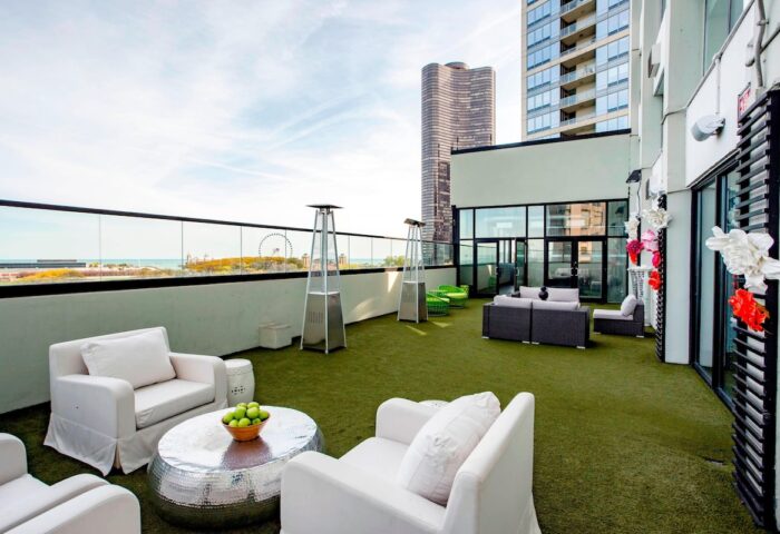 W Chicago Lakeshore gay-friendly hotel rooftop lounge. Outdoor seating, city views, and modern design. A stylish space for LGBTQ+ travelers.