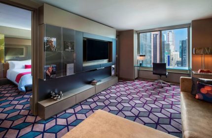 W New York Times Square hotel room. Modern design, TV, desk with city view. Gay-friendly hotel for gay men travel in NYC.
