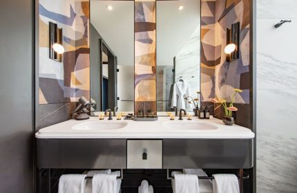 W New York Union Square gay-friendly hotel bathroom. Double sink vanity, modern design, and stylish decor. Upscale hotel for gay travelers.
