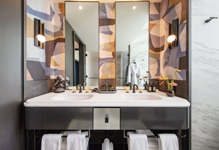 W New York Union Square gay-friendly hotel bathroom. Double sink vanity, modern design, and stylish decor. Upscale hotel for gay travelers.