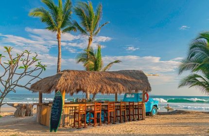 Beach bar at W Punta de Mita, a gay-friendly hotel. Thatched roof, blue truck, and surfboard on the sand. Palm trees and ocean backdrop.