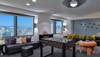W San Francisco, a gay-friendly hotel. Room with foosball table, city views, and modern decor. Ideal for gay men's travel in San Francisco.