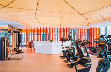 W Shanghai The Bund gym. Gay-friendly hotel fitness center with modern equipment. Exercise bikes & weight machines for a healthy stay.