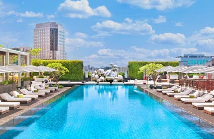 W Taipei gay-friendly hotel pool. Rooftop pool with city views, lounge chairs, and umbrellas. Modern design and luxurious amenities. Perfect for gay travelers.