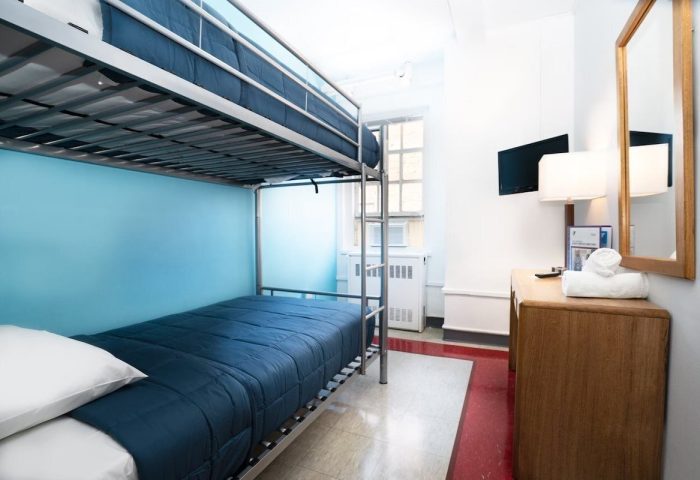 West Side YMCA Hostel gay-friendly hotel room with bunk beds, desk, and TV. A budget-friendly option for gay travelers in NYC.