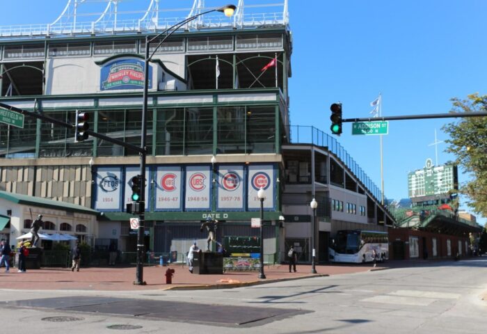 Wrigley Field exterior, home of the Chicago Cubs. Gay-friendly hotel, Wrigley Hostel Adults Only, near this iconic stadium. Baseball history.