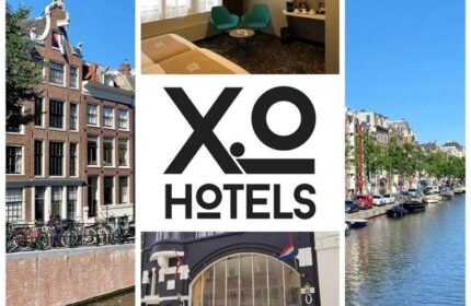 XO Hotels City Centre, a gay-friendly hotel in Amsterdam. Images of the hotel's exterior, a canal view, and a modern room.