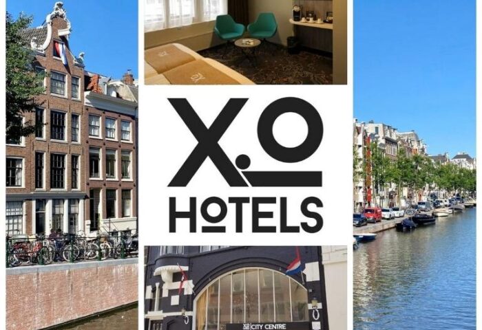 XO Hotels City Centre, a gay-friendly hotel in Amsterdam. Images of the hotel's exterior, a canal view, and a modern room.