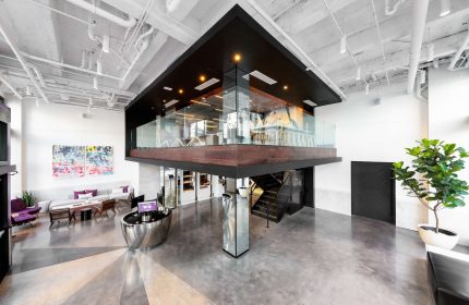 YOTEL San Francisco lobby. Modern interior design in this gay-friendly hotel. Features a mezzanine, lounge area, and sleek reception desk.