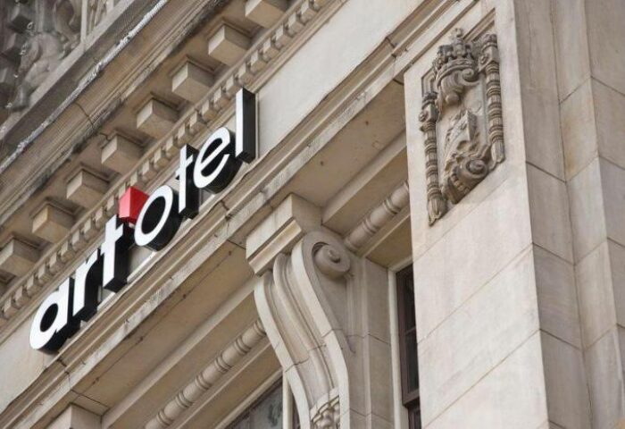 Art'otel Amsterdam facade. Gay-friendly hotel with architectural details and signage. A top hotel choice for gay travelers in Amsterdam.