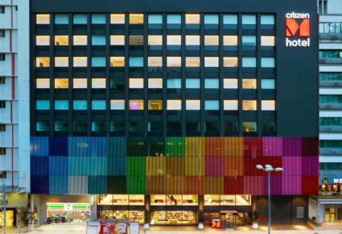 citizenM Kuala Lumpur Bukit Bintang hotel exterior. Gay-friendly hotel with rainbow colored facade. Modern architecture in Malaysia.