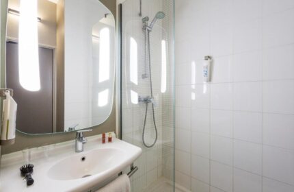 Ibis Amsterdam Centre gay-friendly hotel bathroom. Sink, mirror, and shower in a pet-friendly room. Modern design for gay travel.