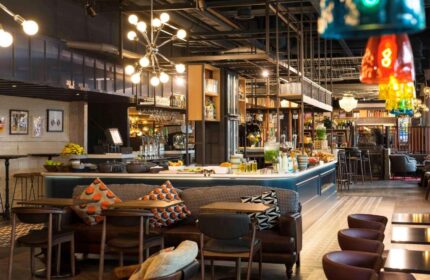 Ibis Amsterdam Centre's pet-friendly, gay-friendly hotel bar area. Modern design with unique lighting and seating. A welcoming space.