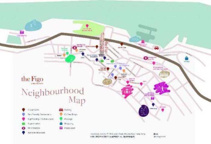 The Figo gay-friendly hotel neighborhood map in Hong Kong. Local cafes, gay bars, restaurants, sightseeing, shopping, and transport options shown.