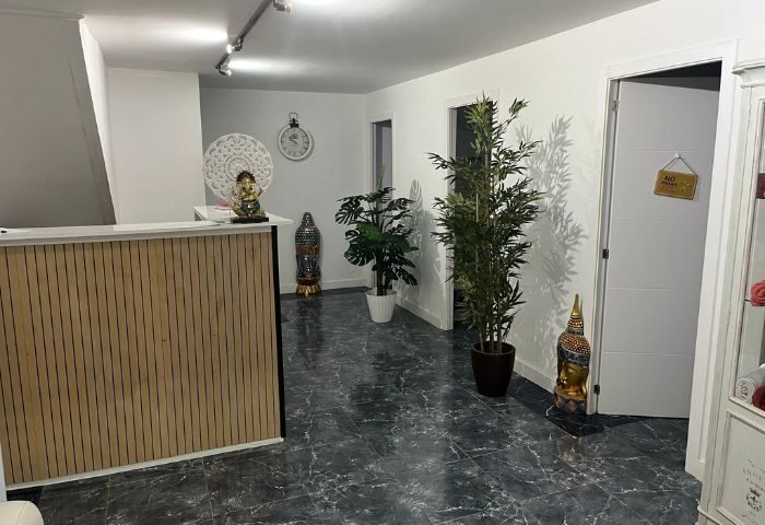 Reception area at a gay massage spa in Gran Canaria. Desk, plants, and Buddha statues create a relaxing atmosphere. Gay travel.