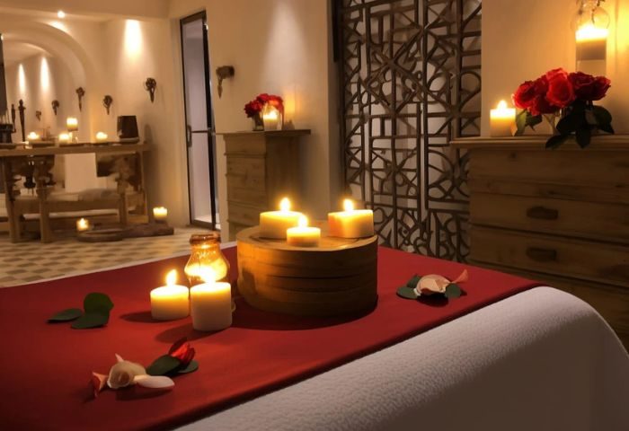 Romantic gay massage setup in Gran Canaria. Candles, roses, and soft lighting create a sensual atmosphere for a couples massage.