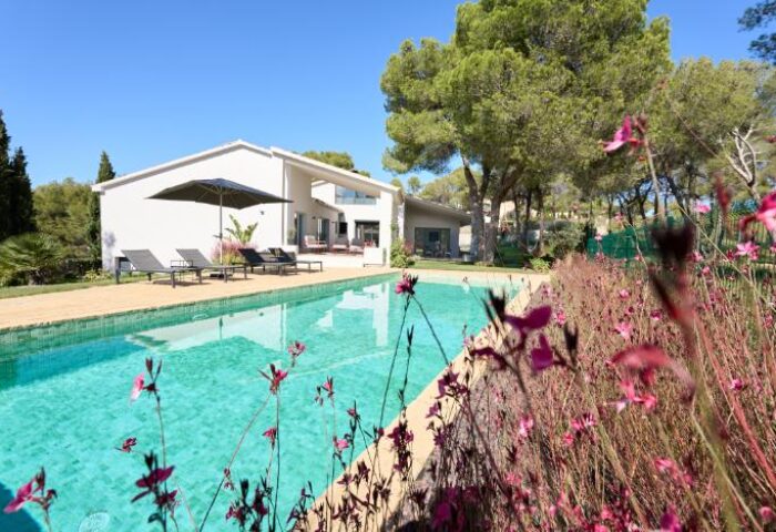 Casa Brisa Boutique Guest House pool view. Gay-owned guest house with sunbeds, flowers, and trees. A relaxing gay travel destination.