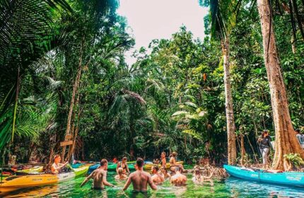 Gay Slumber Party at The Beach Hostel, Ao Anang. Men kayaking in a jungle river. Popular beachfront hotel for gay travelers.