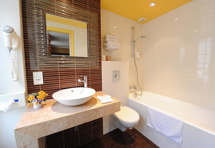 Hotel Du Vieux Saule's bathroom. Gay-popular hotel near Paris, featuring a sink, mirror, toilet, and bathtub. Ideal for gay nightlife.