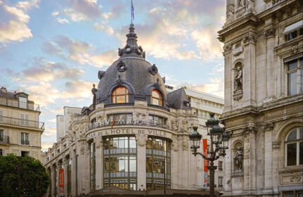Hotel Turenne Le Marais, a gay-popular hotel in Paris city center. Building's facade with ornate details, architecture, and Parisian charm.