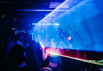 GenderFunk Ho Chi Minh nightlife. People dancing at a gay party with blue and red lights, enjoying gay travel in Vietnam.