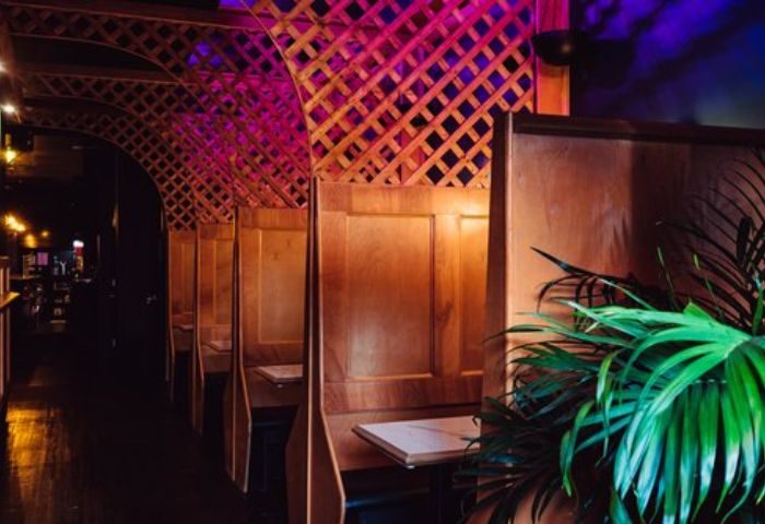 Good Judy bar interior in New York. Cozy booths with lattice overhead, purple lighting, and plants. A popular queer bar for gay men.