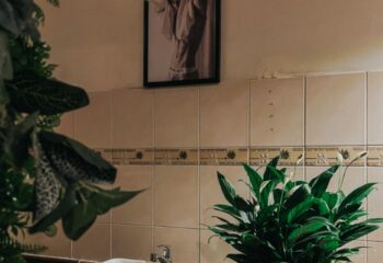 Guu Spa Ho Chi Minh bathroom. Tiled wall with floral border. Framed picture of a man in underwear. Plants add a fresh touch. Gay travel.