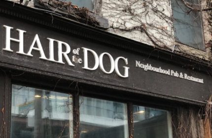 Hair of the Dog Pub sign in Toronto. Gay travelers' guide to this neighborhood pub and restaurant. Toronto's LGBTQ+ friendly bar.