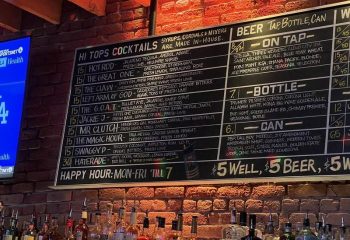 Hi Tops bar menu featuring cocktails and beers on tap, bottle, and can. Gay travel destination with happy hour deals. Brick wall background.