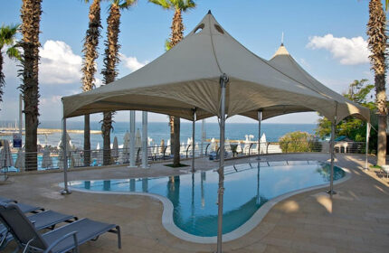 Hilton Tel Aviv beachfront luxury gay hotel pool. Palm trees, sunshades, and lounge chairs create a relaxing gay travel vibe.