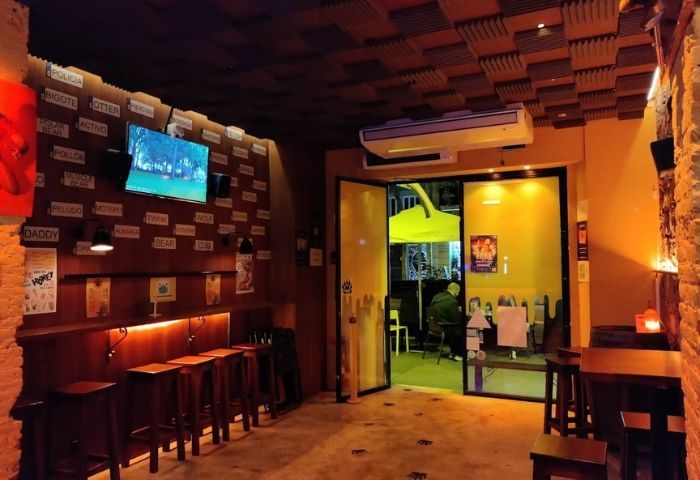Interior of Honey, a furry gay bar in Barcelona. Bar stools line a counter. Paw prints lead to the open door. TV displays nature scene.