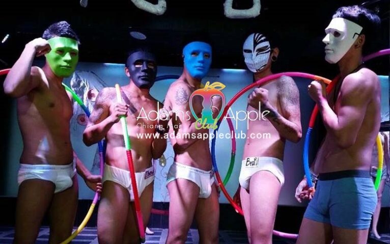 Adam's Apple Club: Asian boys in masks and briefs with hula hoops. Gay travel in Chiang Mai, Thailand. Gay nightlife scene.