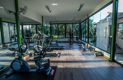 Gym at Hula Hula Resort Ao Nang, Krabi. Fitness equipment for gay travelers. Cheap pool villas with gym. Hotel with treadmills and weights.