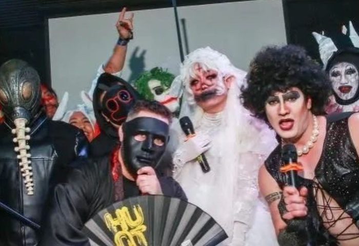 Shanghai gay nightlife: Drag performers in costumes and masks at a party. The Hunt Shanghai event, travel advice.