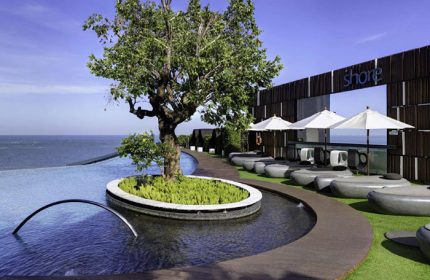Hilton Pattaya's rooftop infinity pool, an Instagram-perfect spot near gay nightlife. Tree, ocean view, and stylish bar for gay travelers.