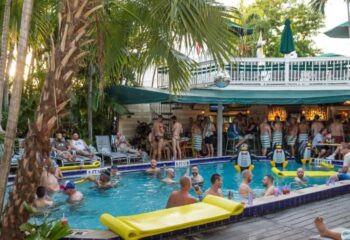 Island House Key West gay cruising: Pool scene with men swimming, sunbathing, and socializing at the bar. Palm trees and tropical vibes.