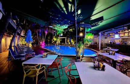 Island House Key West pool at night. Gay cruising resort with tables, chairs, bar, palm trees, and colorful lighting.