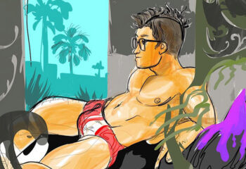 Kakiku Sauna Kuala Lumpur illustration. Gay sauna spa art featuring a man in swimwear relaxing at a tropical-themed spa. Gay travel.