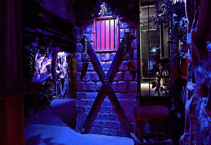 Kino-Labyrinth Vienna: Interior view of a gay cruising bar with a dark labyrinth, dungeon-themed decor, and suggestive elements.