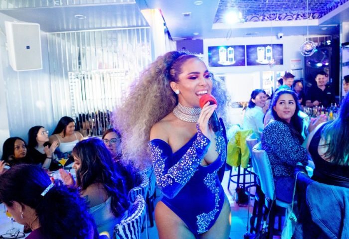 Drag queen performs at Kit Kat Lounge, a gay supper club in Chicago. Partygoers watch the show in the vibrant, upscale venue.