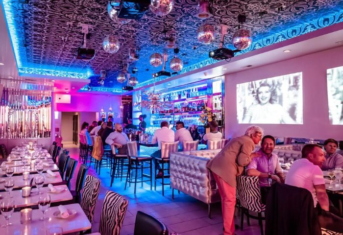 Kit Kat Lounge Supper Club, a gay party in Chicago. Disco balls, bar, and patrons enjoying a night out. Travel advice for gay men.