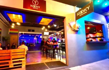 Kooky Karaoke in Puerto Vallarta's gay scene. Patrons enjoy drinks at the bar in a vibrant, colorful setting with rainbow flag.